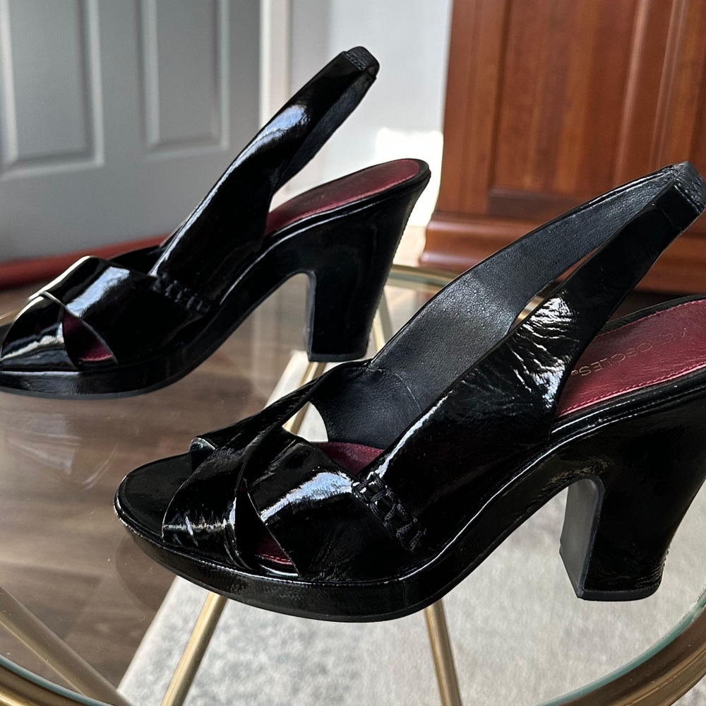 AEROSOLES Demi Finalist Black Patent Leather Slingback Heels Cross Strap 8.5M